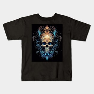 Skull on Blue Fire: Baroque Vintage Ornament Background Kids T-Shirt